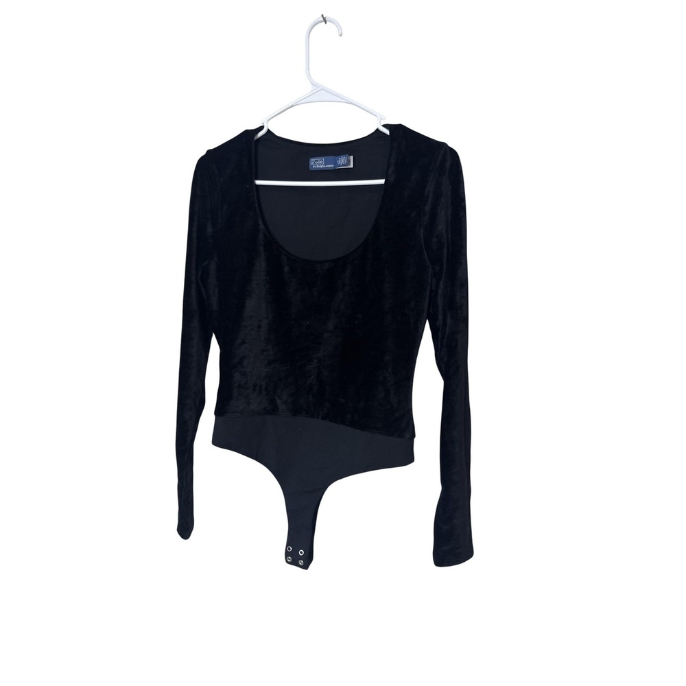 Polo By Ralph Lauren Bodysuit Womens Medium Black Velour Scoop Neck Long Sleeve